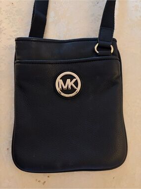 Michael Kors Black Leather Crossbody with Gold MK Medallion